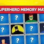 Superhrdinský motiv s herní mřížkou plnou otazníků a obrázky maskovaných postav