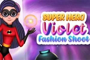 Animovaná postava v červeném superhrdinském kostýmu s černou maskou drží svítící kouli, vedle barevný text Super Hero Violet Fashion Shoot