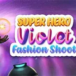 Animovaná postava v červeném superhrdinském kostýmu s černou maskou drží svítící kouli, vedle barevný text Super Hero Violet Fashion Shoot