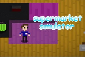 Pixelový obrázek s postavičkou na fialovém pozadí a nápisem supermarket simulator