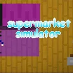 Pixelový obrázek s postavičkou na fialovém pozadí a nápisem supermarket simulator