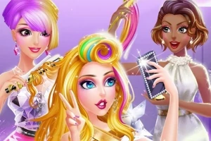 Tři stylizované postavy s výraznými účesy, jedna z nich si dělá selfie, zatímco další dvě drží vlasové doplňky