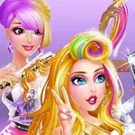 Tři stylizované postavy s výraznými účesy, jedna z nich si dělá selfie, zatímco další dvě drží vlasové doplňky