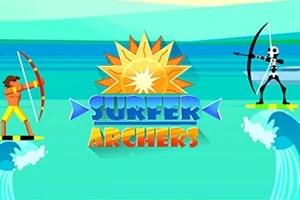 Surfař s lukem míří na kostlivce na vlnách s obrazem slunce a nápisem Surfer Archers uprostřed