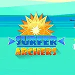 Surfař s lukem míří na kostlivce na vlnách s obrazem slunce a nápisem Surfer Archers uprostřed