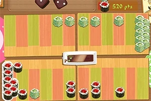 Barevné pruhované pozadí s různými typy sushi a bodovým hodnocením