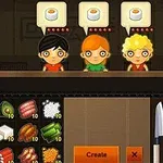 Tři kreslené postavy stojící před pultem s ingrediencemi a kuchyňským vybavením
