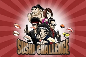 Skupina kreslených postav držících sushi s nápisem Sushi Challenge na červeném pozadí