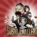 Skupina kreslených postav držících sushi s nápisem Sushi Challenge na červeném pozadí
