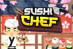 Kreslený šéfkuchař držící tác se sushi, nápis Sushi Chef a okolní asijská výzdoba s květinovými motivy