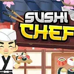 Kreslený šéfkuchař držící tác se sushi, nápis Sushi Chef a okolní asijská výzdoba s květinovými motivy