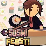 Karikatura postavy s dlouhými vlasy připravující jídlo na kulatém pultu s nápisem Sushi Feast!