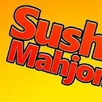 Nápis Sushi Mahjong v červeném písmu na žlutém pozadí s japonskými znaky