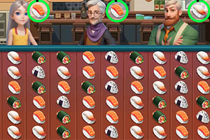 Tři kreslené postavy stojící za pultem plným sushi rolek