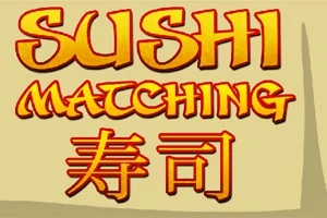 Nápis Sushi Matching s japonskými znaky pod tím na béžovém pozadí