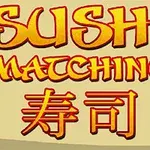 Nápis Sushi Matching s japonskými znaky pod tím na béžovém pozadí