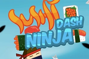Barevná grafika s nápisem Sushi Dash Ninja a postavičkou ninji obklopenou sushi a ostrými hvězdicemi na modrém pozadí