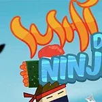 Barevná grafika s nápisem Sushi Dash Ninja a postavičkou ninji obklopenou sushi a ostrými hvězdicemi na modrém pozadí