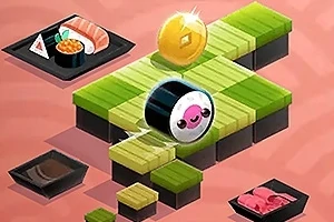 Sushi role s roztomilým obličejem se pohybuje po zelené platformě obklopené talíři se sushi a blyštivou mincí