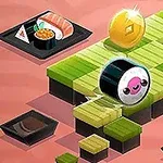 Sushi role s roztomilým obličejem se pohybuje po zelené platformě obklopené talíři se sushi a blyštivou mincí