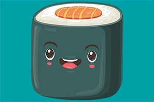 Roztomilý kreslený kousek sushi s usměvavým obličejem na modrém pozadí