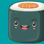 Roztomilý kreslený kousek sushi s usměvavým obličejem na modrém pozadí