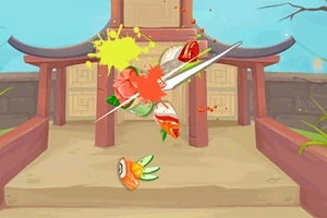 Japonská brána na pozadí se sekající katanou a rozseknutým sushi s barevnými skvrnami