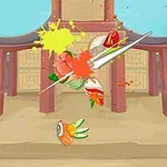 Japonská brána na pozadí se sekající katanou a rozseknutým sushi s barevnými skvrnami
