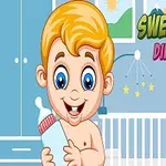 Usmívající se kreslené miminko s lahví v dětském pokoji s postýlkou a barevným nápisem nahoře