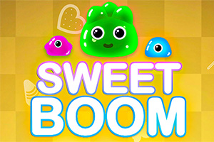 Barevné želé postavičky na žlutém pozadí s nápisem SWEET BOOM