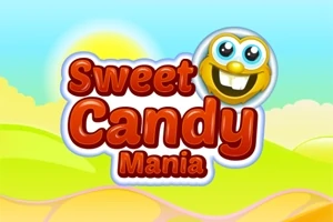 Text Sweet Candy Mania s usmívající se postavičkou na barevném pozadí s duhovými kopci a sluncem