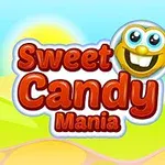 Text Sweet Candy Mania s usmívající se postavičkou na barevném pozadí s duhovými kopci a sluncem