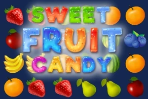 Barevný nápis Sweet Fruit Candy obklopený různými druhy ovoce na tmavém pozadí