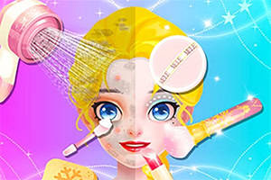 Žena s blond vlasy je na polovině obličeje nalíčená a obklopena kosmetickými produkty, jako jsou štětce, rtěnka a pleťové krémy
