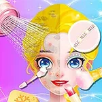 Žena s blond vlasy je na polovině obličeje nalíčená a obklopena kosmetickými produkty, jako jsou štětce, rtěnka a pleťové krémy