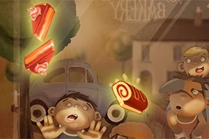 Dva vystrašení chlapci sledují krájející se moučníky vznášející se ve vzduchu před domem a autem