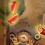 Dva vystrašení chlapci sledují krájející se moučníky vznášející se ve vzduchu před domem a autem