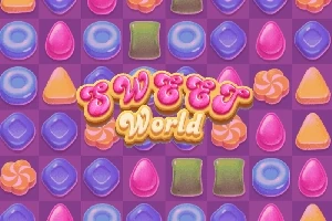 Barevný vzor s různými tvary sladkostí na fialovém pozadí s nápisem Sweet World uprostřed