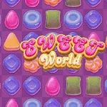 Barevný vzor s různými tvary sladkostí na fialovém pozadí s nápisem Sweet World uprostřed