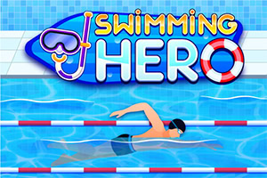 Plavec v bazénu krauluje pod nápisem Swimming Hero s plaveckými brýlemi a záchranným kruhem