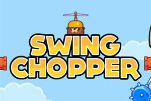 Nápis SWING CHOPPER s postavičkou s vrtulkou na hlavě na modré obloze s mraky