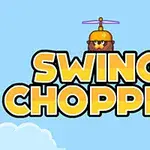 Nápis SWING CHOPPER s postavičkou s vrtulkou na hlavě na modré obloze s mraky