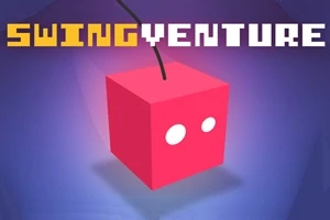 Červená krychle s bílými očima visí na černém laně na modrém pozadí s nápisem SWING VENTURE nahoře