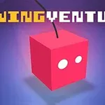 Červená krychle s bílými očima visí na černém laně na modrém pozadí s nápisem SWING VENTURE nahoře