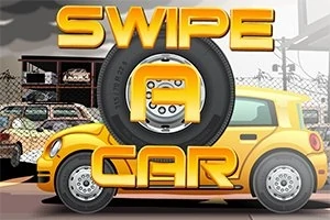Žluté auto na pozadí s textem ve velkých zlatých písmenech a motivem pneumatiky