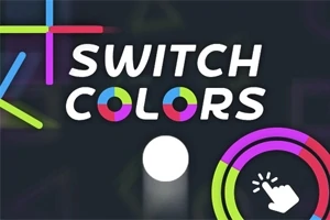 Nápis Switch Colors na tmavém pozadí s barevnými pruhy a kruhy