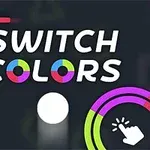 Nápis Switch Colors na tmavém pozadí s barevnými pruhy a kruhy
