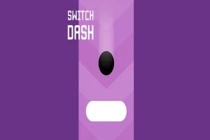 Fialové pozadí s bílým textem SWITCH DASH, černou kuličkou a bílou překážkou