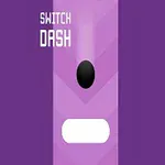 Fialové pozadí s bílým textem SWITCH DASH, černou kuličkou a bílou překážkou