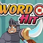 Rytíř s mečem stojí v lese pod logem Sword Hit s terčem